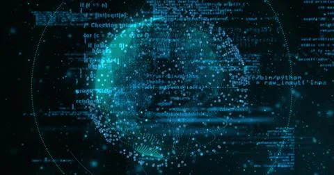 Rendering luminous 3D data globe rotating in virtual deep-space display, with Stock Illustration