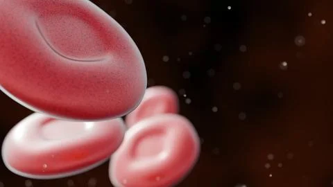 Rendering macro-focused 3D red blood cells suspended in a dark vascular pathway. Stock Illustration