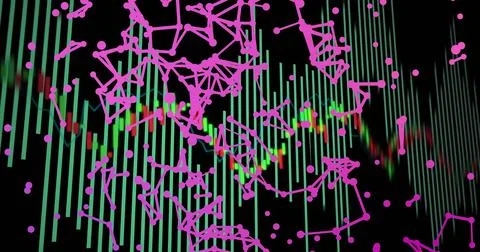 Rendering magenta network graph overlay on dashboard with green bars, magenta イラスト素材