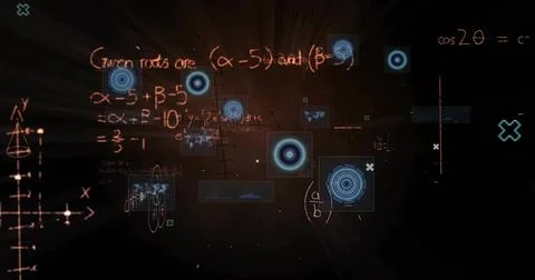 Rendering math panel in virtual space, showing glowing equations, grids, Stock Illustration