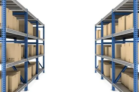 Rendering of metal racks standing together in two rows, with beige cardboard Stock Illustration