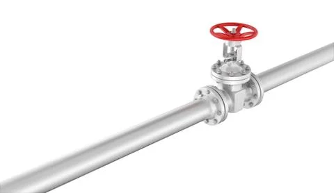 Rendering metal valve on curved pipe, isolated white background Stock Illustration