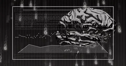 Rendering metallic brain model at right in data UI, showing code, waveforms, Stock Illustration