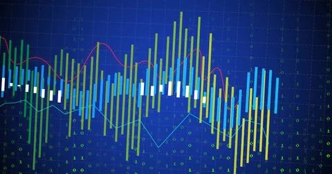 Rendering multicolored candlesticks with red and cyan trend lines over blue grid Stock Illustration