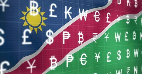 Rendering Namibian flag over digital grid with floating dollar pound euro yen Stock Illustration