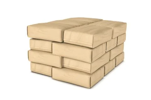 Rendering of neatly stacked light beige cement sacks isolated on white Stock Illustration