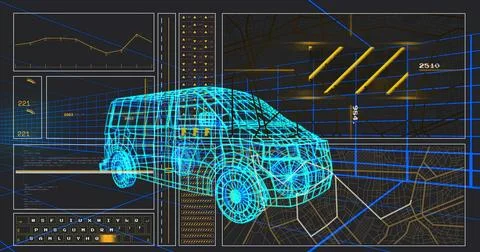 Rendering neon 3D wireframe van model in CAD interface, with grid lines and Stock Illustration