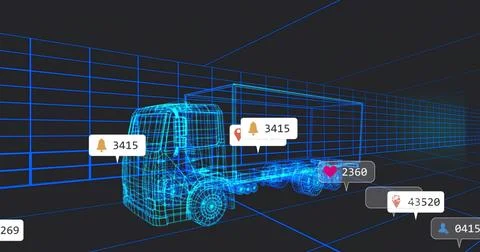 Rendering neon-blue wireframe box truck rotating in dark 3D grid studio, with Stock Illustration