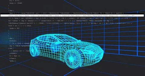 Rendering neon blue wireframe car floating on grid floor in dark studio, with 스톡 일러스트