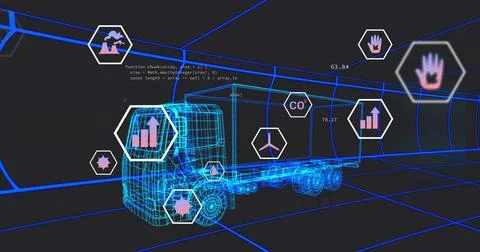Rendering neon-blue wireframe semi truck in virtual grid tunnel, with hex data Stock Illustration