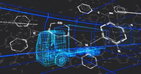 Rendering neon-blue wireframe tractor-truck rotating in virtual space with gr Stock Illustration