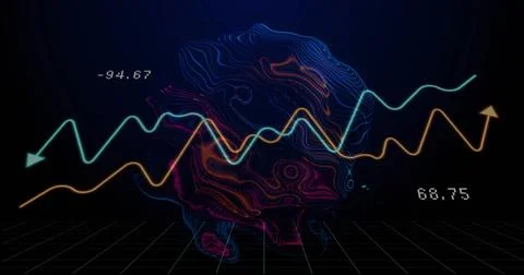 Rendering neon contour 3D form over dark backdrop, showing turquoise and amber Stock Illustration