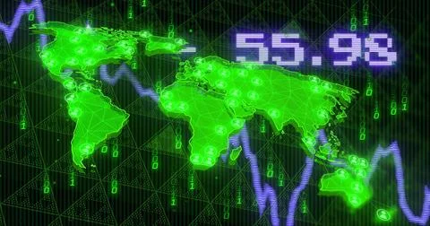 Rendering neon green global map on dashboard, showing nodes, purple graph, Illustrazione stock