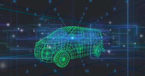 Rendering neon green van wireframe spinning in simulation space, with grid Stock Illustration