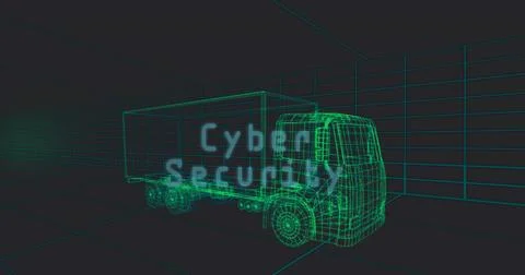 Rendering neon-green wireframe box truck on right in 3D corridor, neon grid and Stock Illustration
