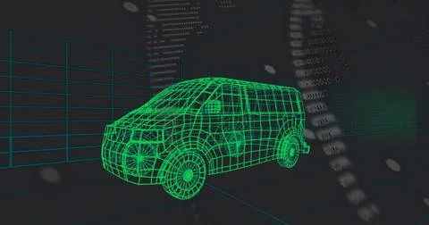 Rendering neon-green wireframe cargo van model hovering over floor grid, show Stock Illustration