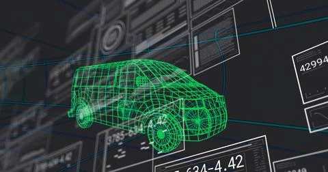 Rendering neon-green wireframe cargo van model rotating in virtual 3D UI, Stock Illustration