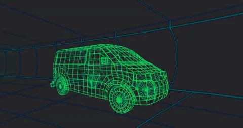 Rendering neon green wireframe passenger van gliding inside tunnel, featuring Stock Illustration