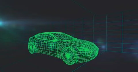 Rendering neon green wireframe sedan rotating in 3D studio, showing wireframe Stock Illustration