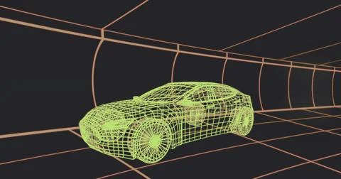 Rendering neon-green wireframe sedan inside curved orange grid tunnel, reveal Stock Illustration