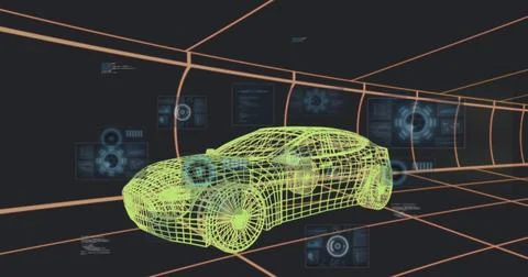Rendering neon-green wireframe sedan in CAD simulation, showing orange tunnel Stock Photos