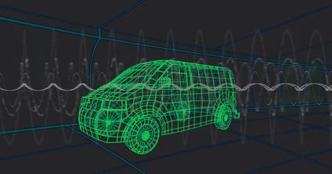Rendering neon green wireframe van in simulation chamber with blue grid, white Stock Illustration