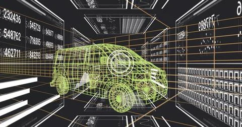 Rendering neon-green wireframe van centered in 3D design lab, showing HUD, pa Stock Illustration