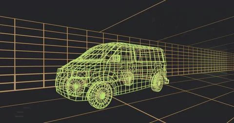 Rendering neon green wireframe van rotating in virtual 3D modeling studio, wi Illustrazione stock