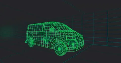 Rendering neon green wireframe van in 3D grid tunnel, with wheels windows and Ilustración de archivo