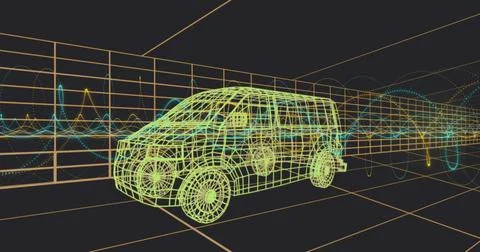 Rendering neon-green wireframe van in 3D model space, showing orange grid flo Illustrazione stock