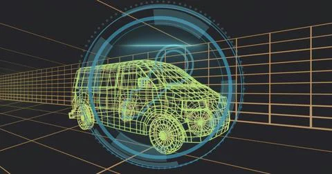 Rendering neon green wireframe van model rotating in virtual 3D space with Stock Illustration
