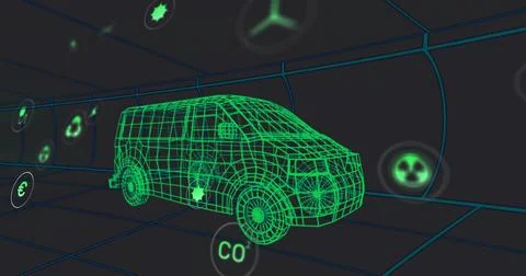 Rendering neon-green wireframe van on cyan tiled grid floor with curved grid Stock Illustration