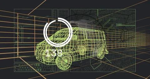 Rendering neon-green wireframe van model rotating in virtual CAD workspace, with Stock Photos