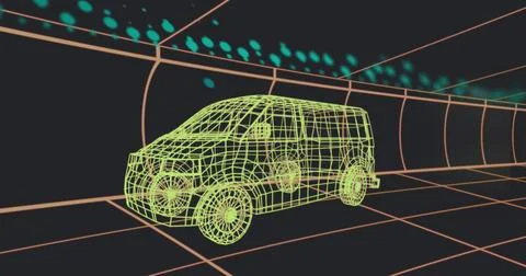 Rendering neon-green wireframe van rotating in virtual tunnel on grid floor, Stock Photos