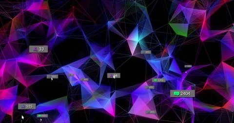 Rendering neon low-poly mesh with lines and floating UI badges on black Stock Photos