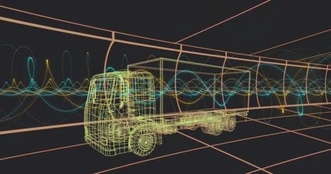 Rendering neon wireframe cargo truck hovering within 3D grid tunnel, with blu Ilustración de archivo