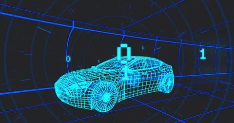 Rendering neon wireframe coupe sedan rotating in virtual tunnel, showing HUD and Stock Photos