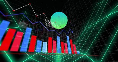 Rendering neon wireframe grid in analytics space, with red and blue bars, line Stock Photos