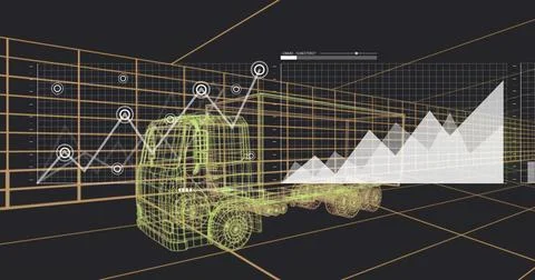 Rendering neon wireframe semi-truck in CAD, showing orange grid, polyline cha Stock Illustration