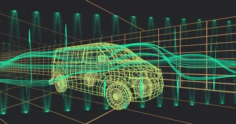 Rendering neon wireframe SUV floating in simulation space, showing teal flows Stock Illustration