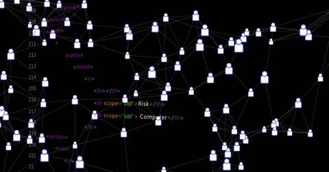 Rendering network graph of white avatars connecting across dark editor Stock Illustration