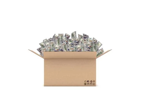 Rendering of an open carton box with many 100 dollar bills sticking out Stock Illustration