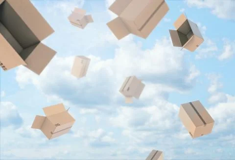 Rendering of open empty light beige cardboard mail boxes falling from the blue Stock Illustration