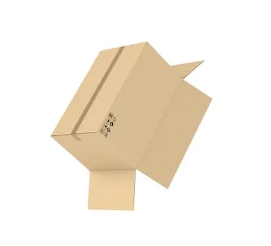 Rendering of open light beige cardboard mail box falling upside down isolated on Stock Illustration
