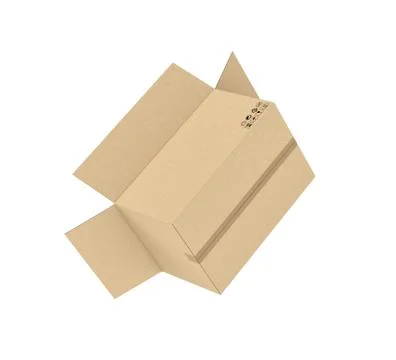 Rendering of open light beige cardboard mail box falling upside down isolated on Stock Illustration