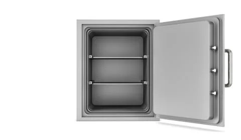 Rendering opened empty steel safe box placed in front of viewer isolated on Stock Illustration