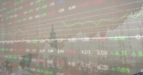 Rendering overlay over skyline, grid, line graphs, prices, arrows and waveform Stock Photos