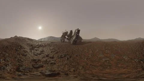 Rendering of a panoramic view of a crashed alien space ship on Mars surface.. Ilustración de archivo