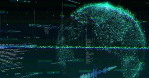 Rendering particle-formed globe pulsing in virtual data hub, with waveform 库存插图