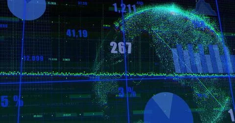 Rendering particle globe on right, dominating analytics dashboard with waveform, Stock Illustration